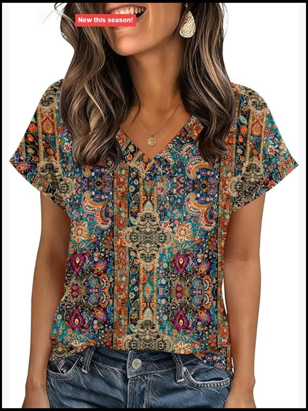 Women's Short Sleeve V-Neck Blouse with Rolled Sleeves